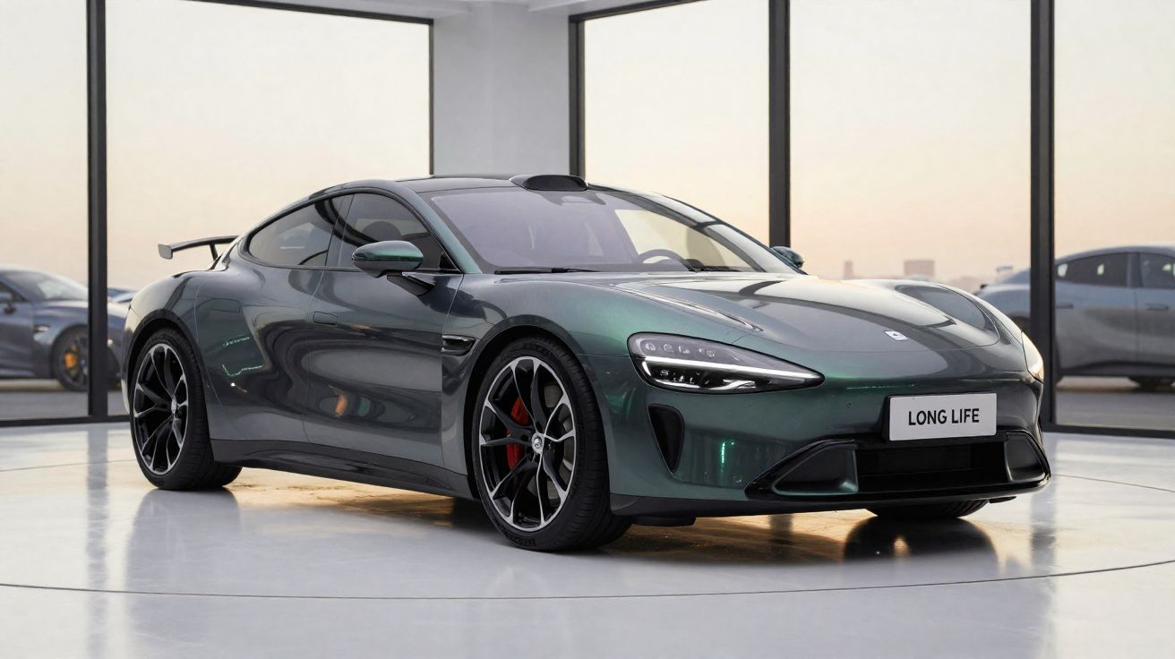 Carro esportivo urbano verde escuro estacionado em showroom moderno com paredes de vidro.