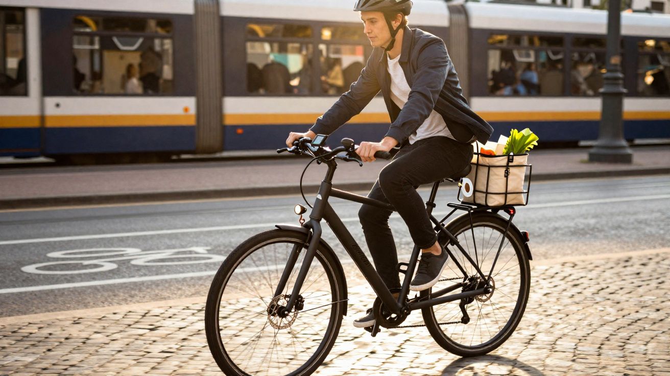 Homem de capacete pedala bicicleta com cestinha de mercado em ciclovia urbana, com bonde ao fundo.