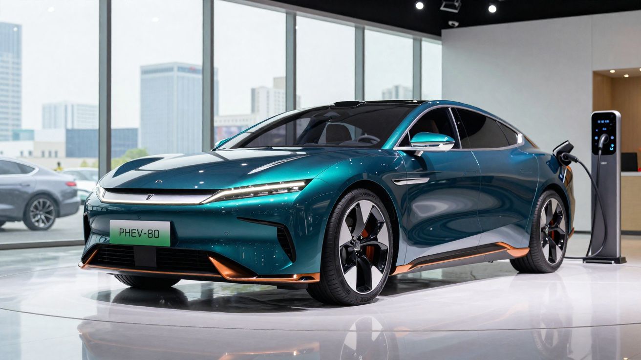 Carro elétrico esportivo azul escuro conectado a estação de recarga em showroom moderno.