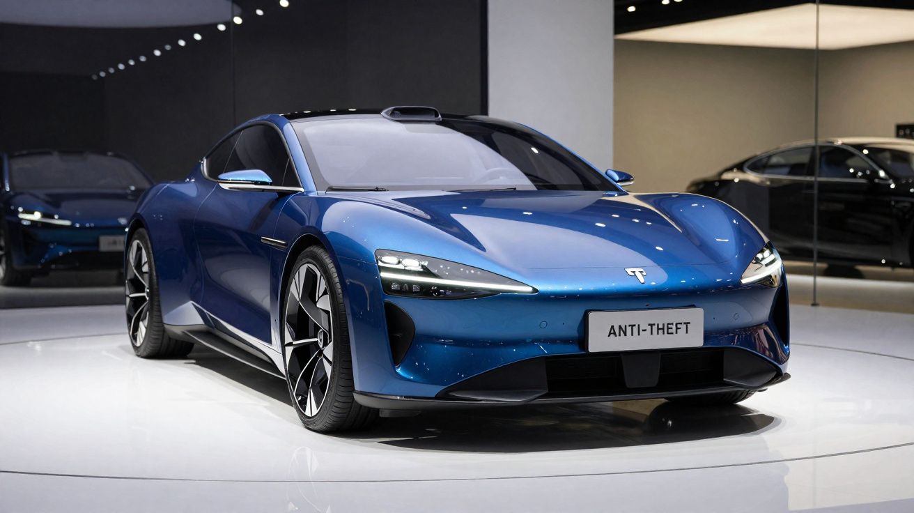 Carro esportivo azul Tesla em exibição com placa "ANTI-THEFT" em ambiente iluminado e espelho ao fundo.