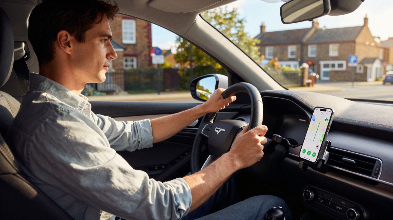 Homem dirigindo carro com smartphone no suporte exibindo aplicativo de navegação GPS.
