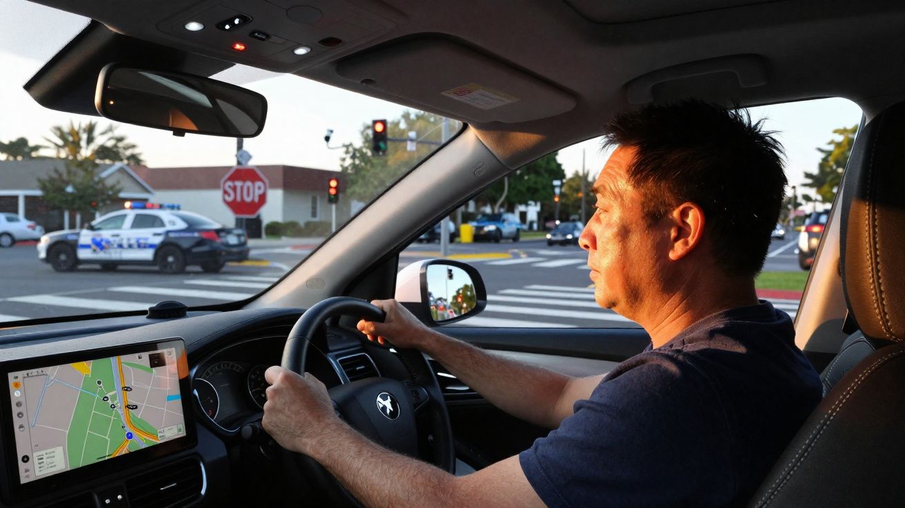 Homem dirigindo carro com GPS, à espera do sinal vermelho com viatura da polícia ao fundo em cruzamento.