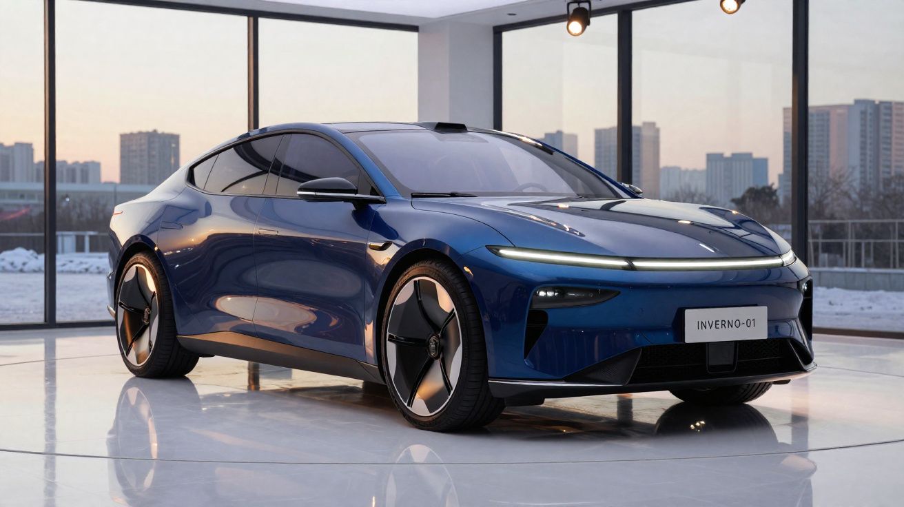 Carro elétrico azul futurista exibido em showroom com janelas grandes e vista urbana ao fundo.