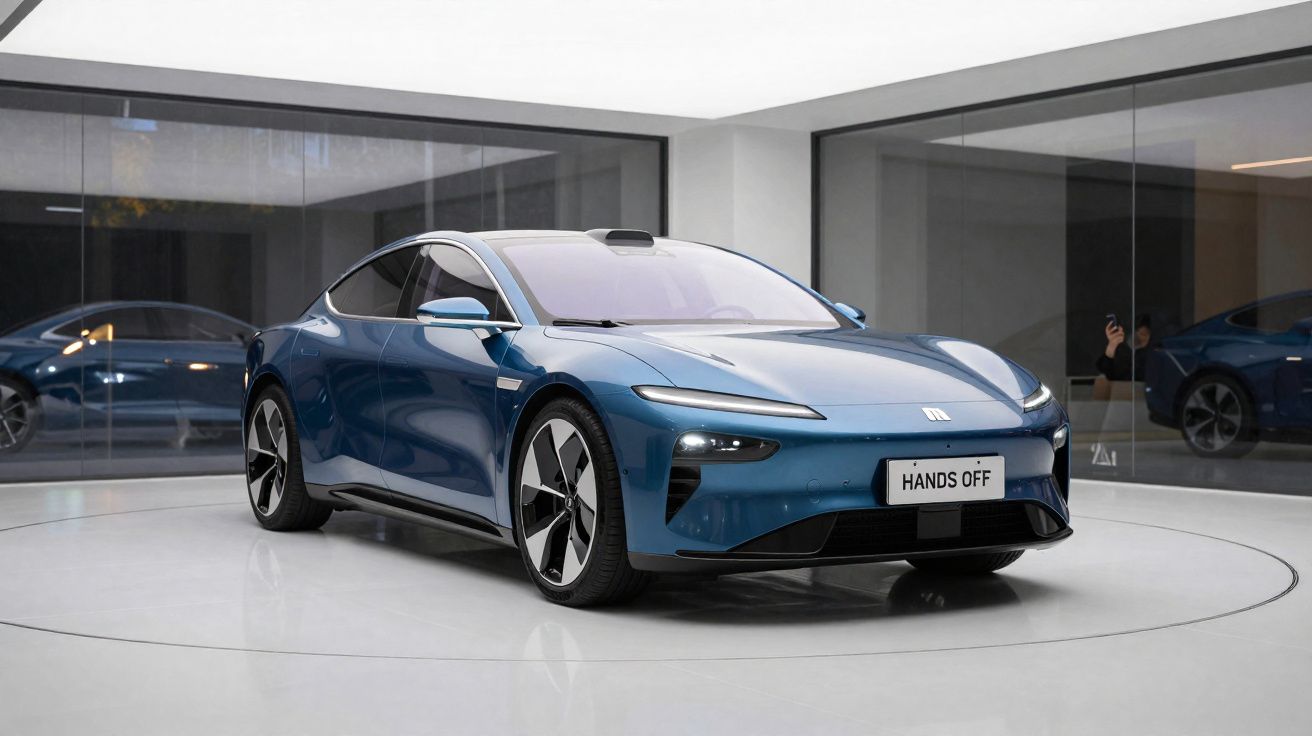 Carro elétrico esportivo azul em exposição em ambiente moderno com paredes de vidro reflexivas.