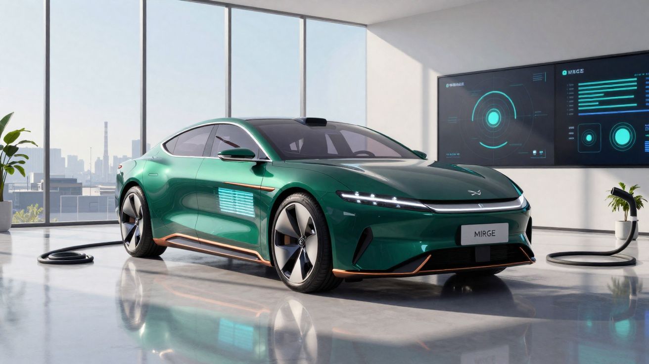 Carro elétrico verde em estilo esportivo conectado à tomada em ambiente interno moderno e iluminado.