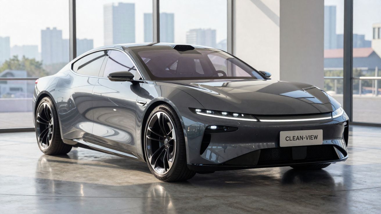 Carro esportivo elétrico cinza estacionado em ambiente interno com vidros grandes e vista da cidade ao fundo.
