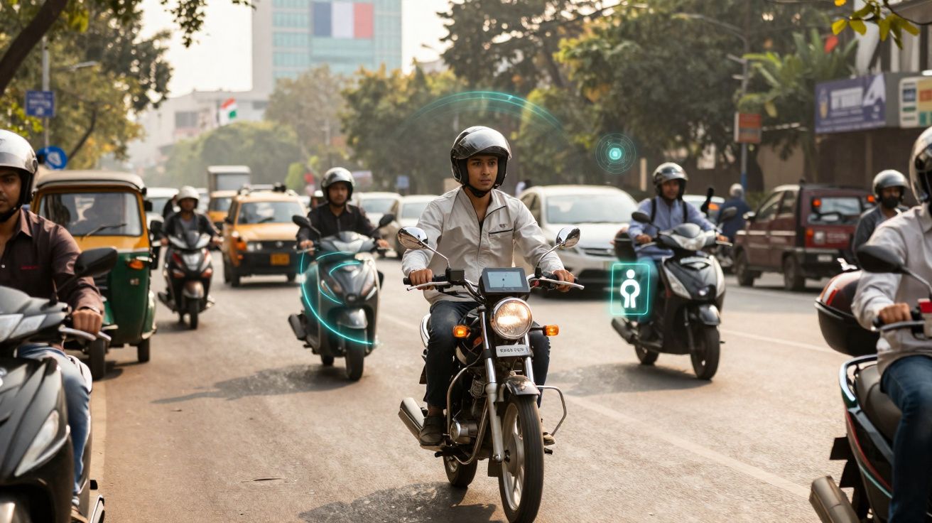 Motociclistas urbanos trafegam em rua movimentada com carros e riquixás ao fundo em dia ensolarado.