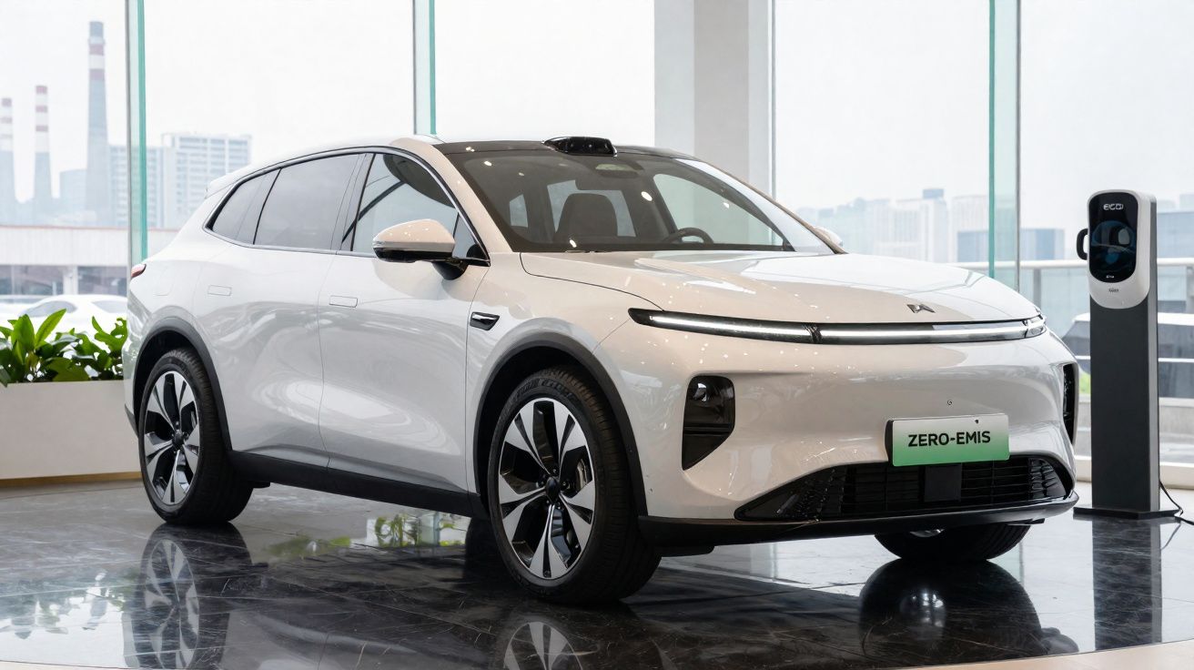 Carro elétrico branco estacionado em showroom moderno com carregador ao lado e placas "ZERO-EMIS".