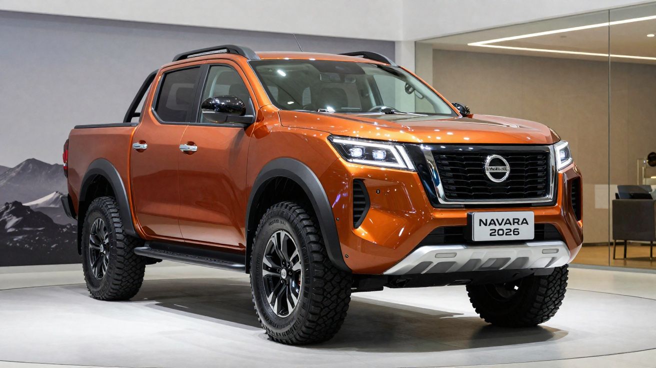 Picape Nissan Navara 2026 laranja exposta em ambiente interno moderno.