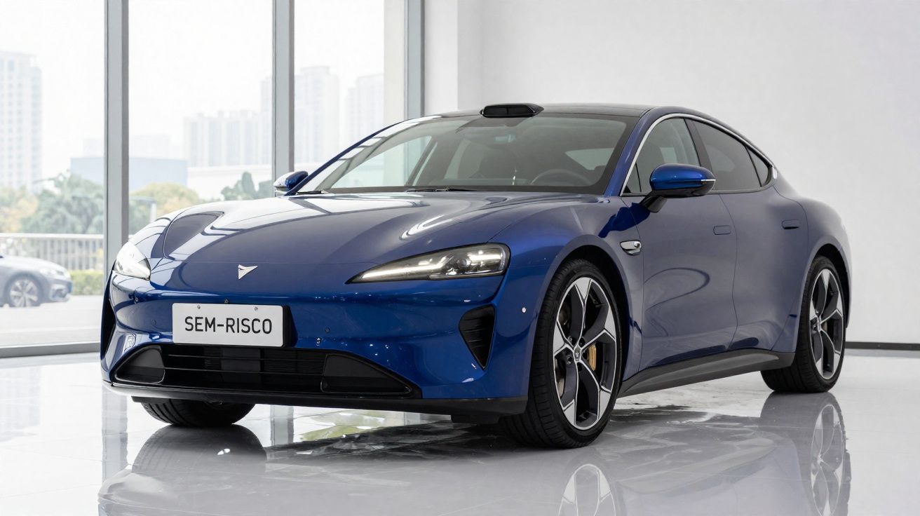 Carro esportivo elétrico azul em showroom com piso brilhante e janelas grandes ao fundo.