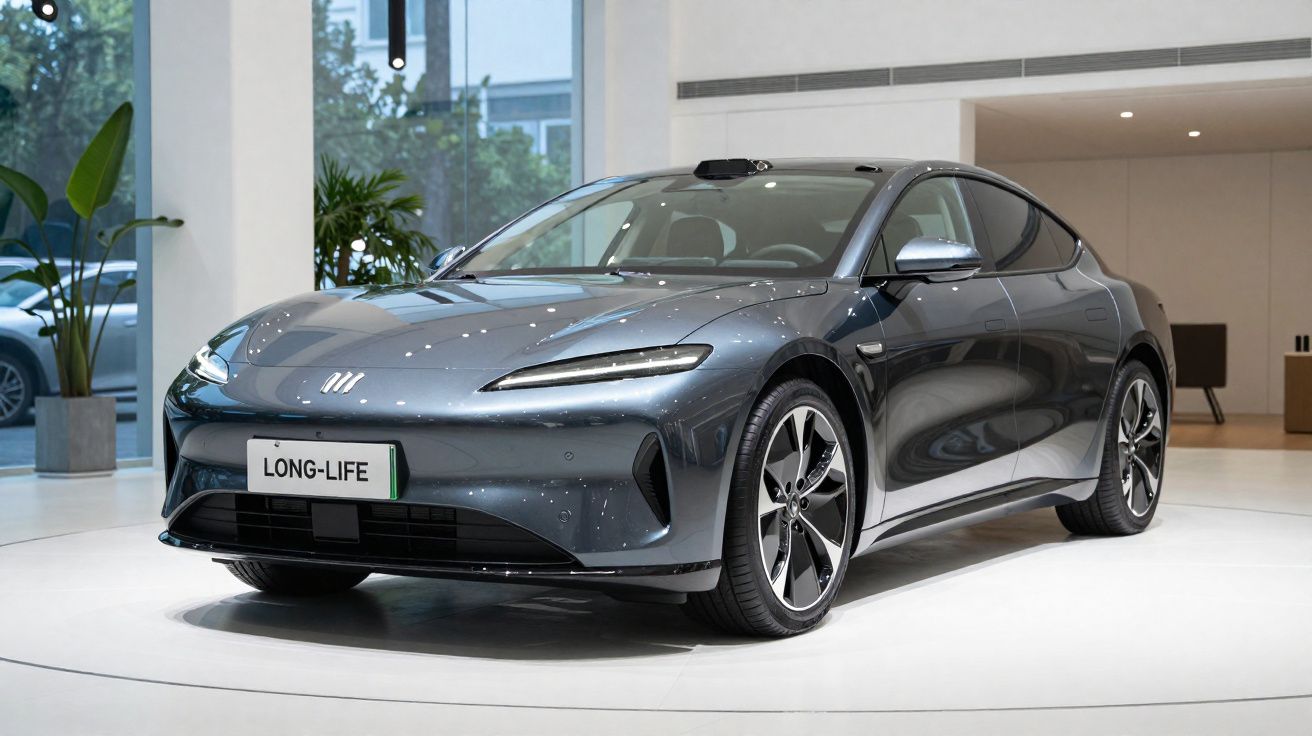 Carro elétrico cinza estacionado em ambiente interno moderno, com placa que diz LONG-LIFE.