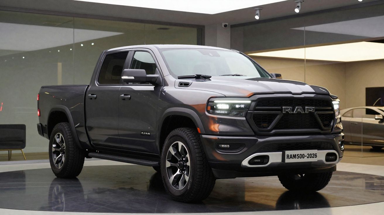 Picape preta RAM 500 2026 exposta em ambiente interno moderno com iluminação suave.