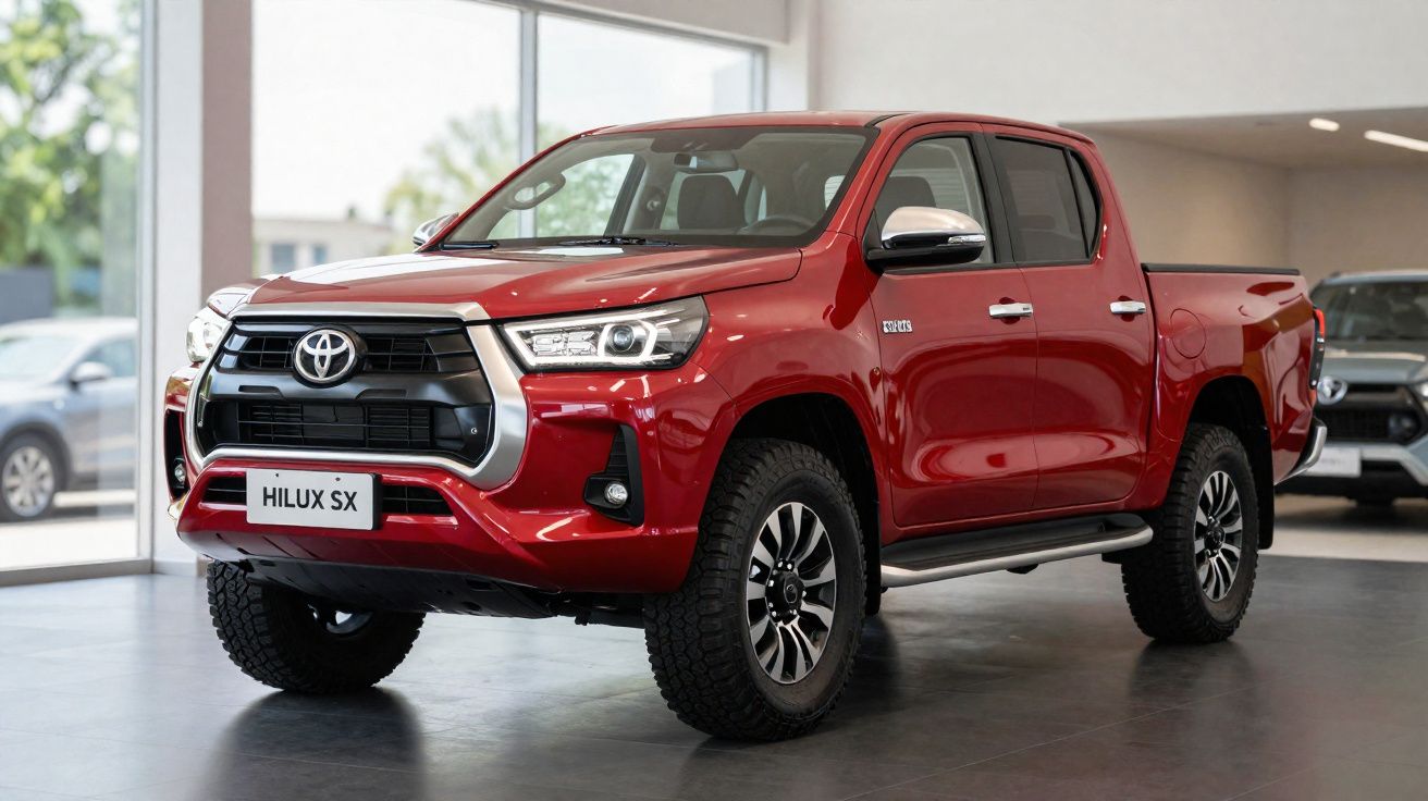 Picape Toyota Hilux SX vermelha em exibição dentro de showroom moderno com vidro e iluminação natural.