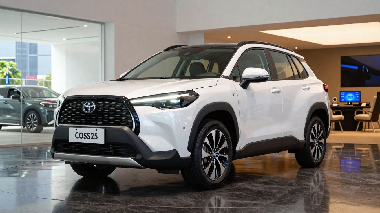Carro SUV branco Toyota COSS25 estacionado em piso de mármore dentro de showroom moderno.