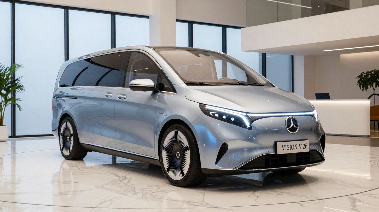 Van Mercedes-Benz Vision V 26 prateada estacionada em ambiente interno moderno e iluminado.