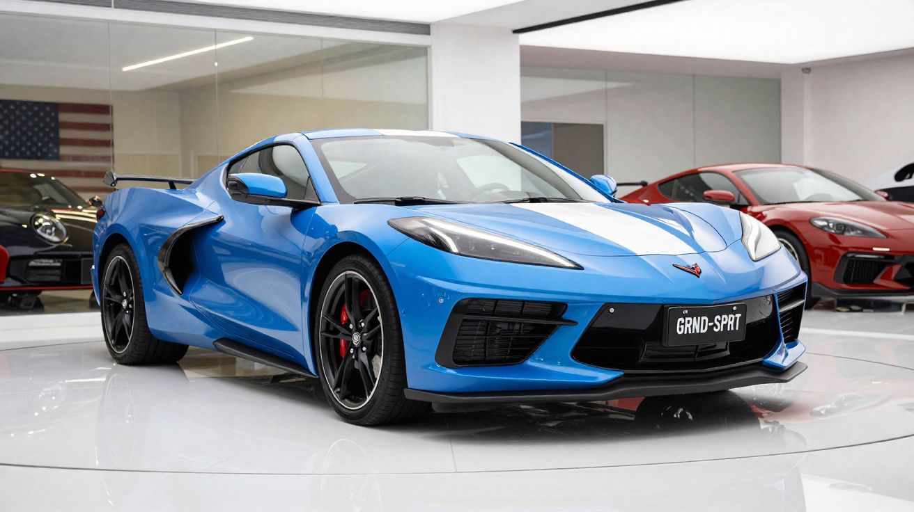 Carro esportivo azul Chevrolet Corvette estacionado em showroom brilhante e moderno.