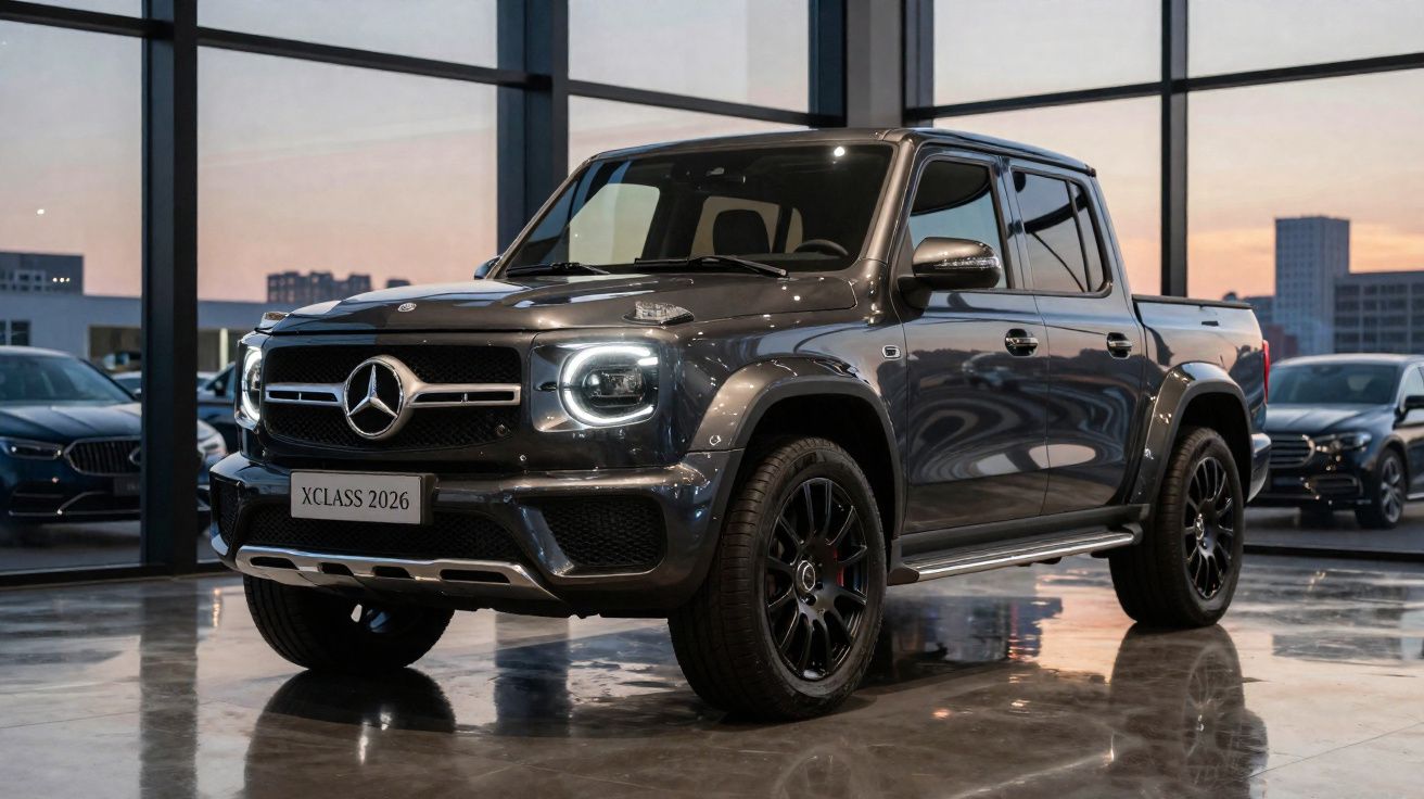 Picape Mercedes-Benz X-Class 2026 cinza escuro em show room com iluminação natural ao entardecer.