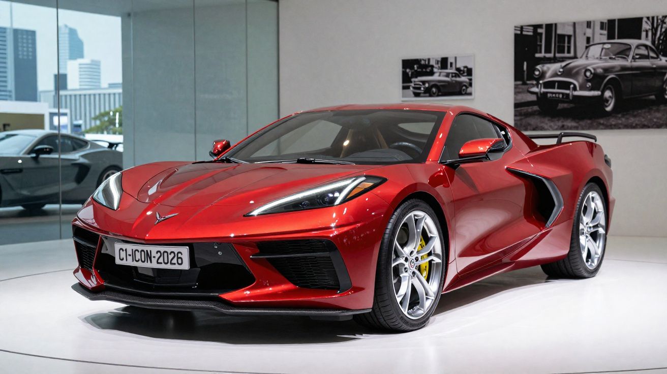 Carro esportivo vermelho com design moderno exposto em salão de automóveis com fotos de veículos antigos na parede.
