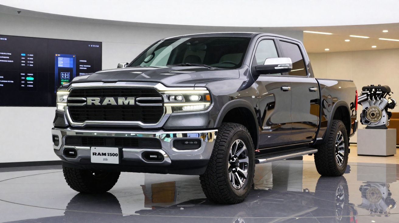 Picape RAM 1500 cinza em exposição interna, com motor visível ao fundo.
