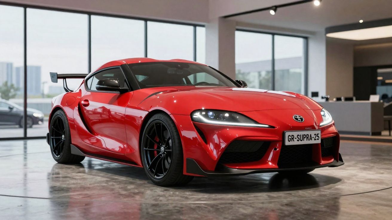 Carro esportivo Toyota Supra vermelho estacionado em showroom com janelas amplas ao fundo.