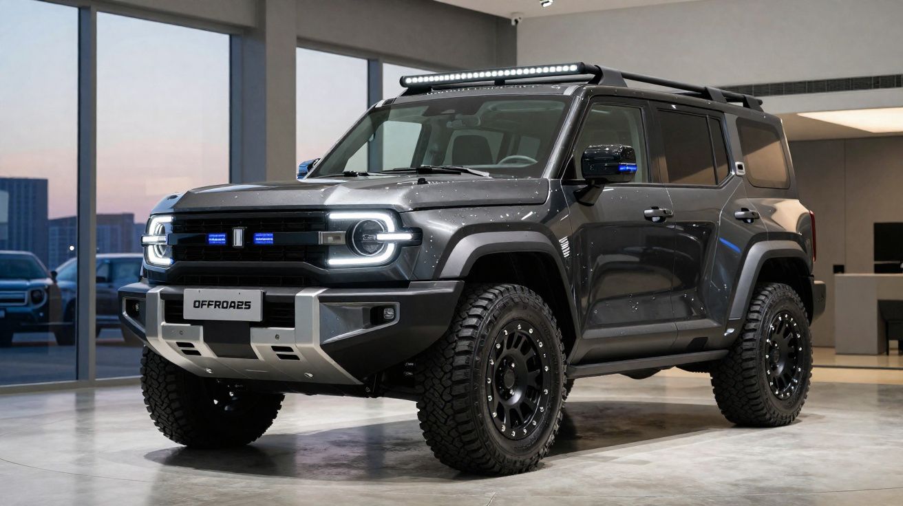 SUV cinza escuro com faróis de LED redondos e pneus off-road em loja moderna.