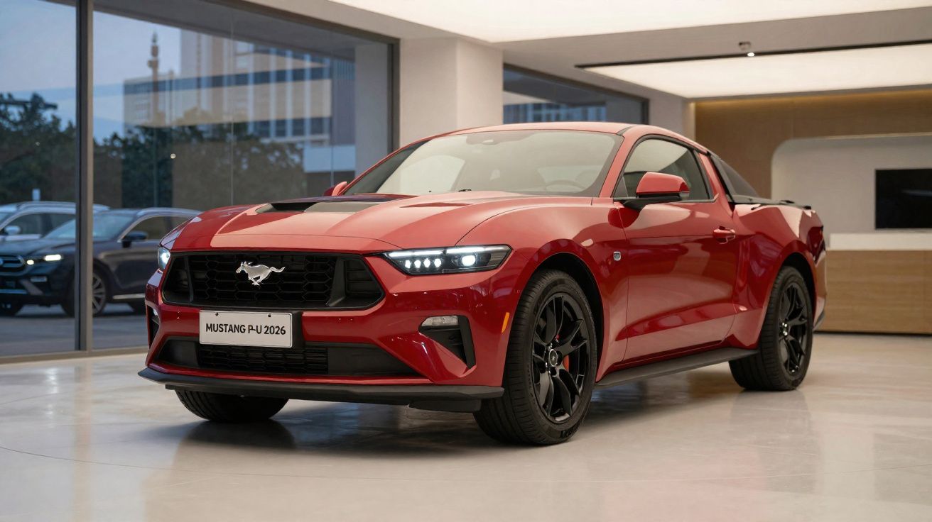Carro esportivo vermelho Ford Mustang PU 2026 em showroom moderno com luzes acesas.