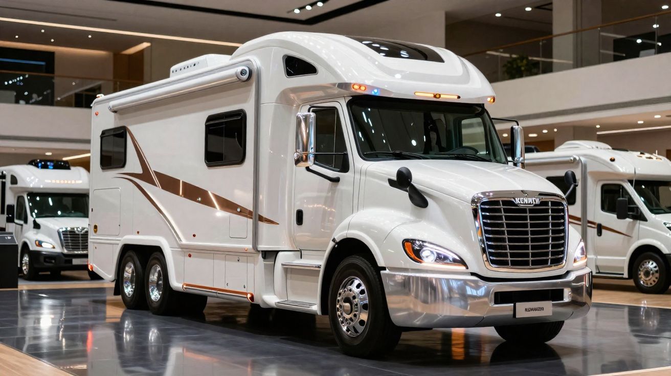 Motorhome branco grande com detalhes marrons exposto em salão interno iluminado.