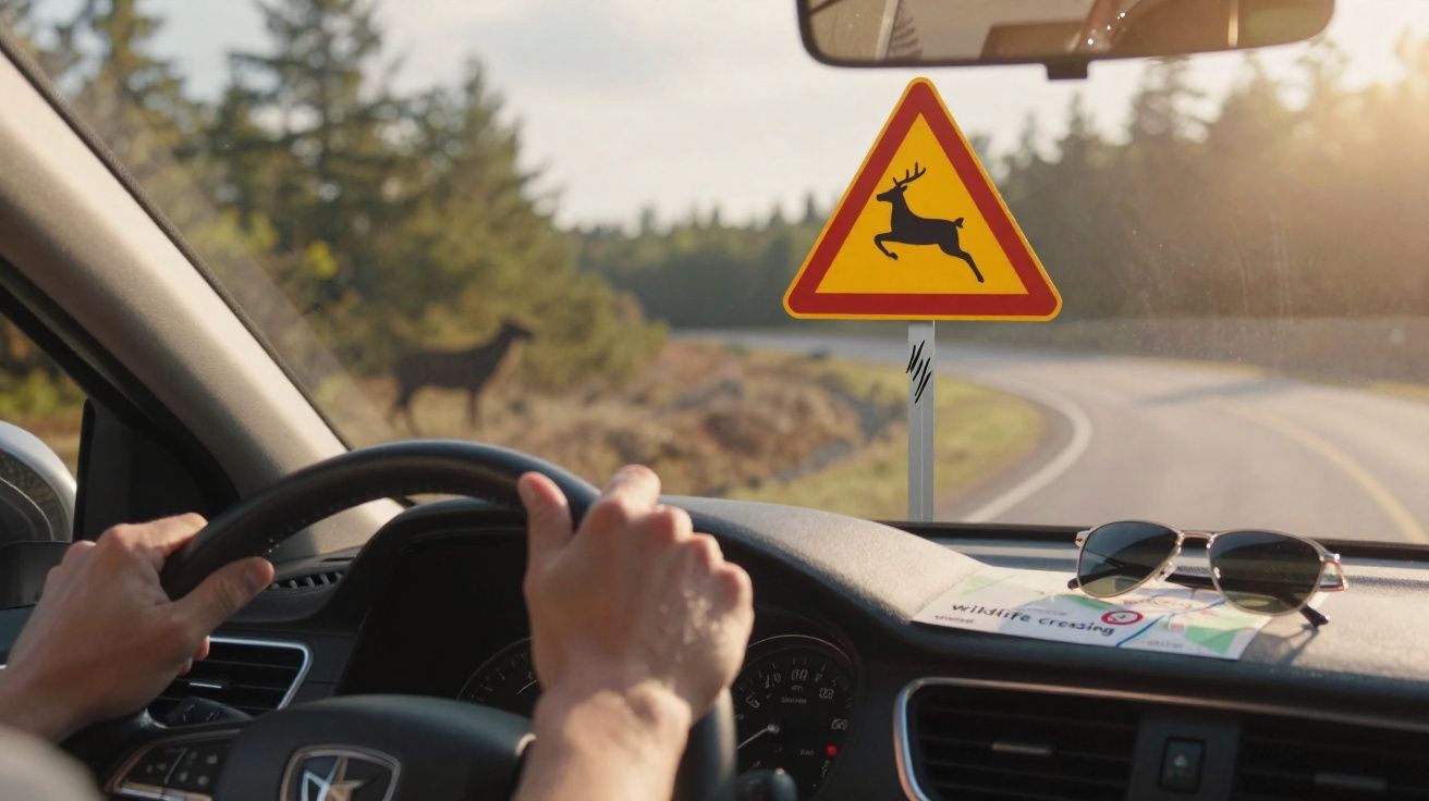 Motorista segurando volante com placa de atenção para passagem de cervos na estrada a frente.