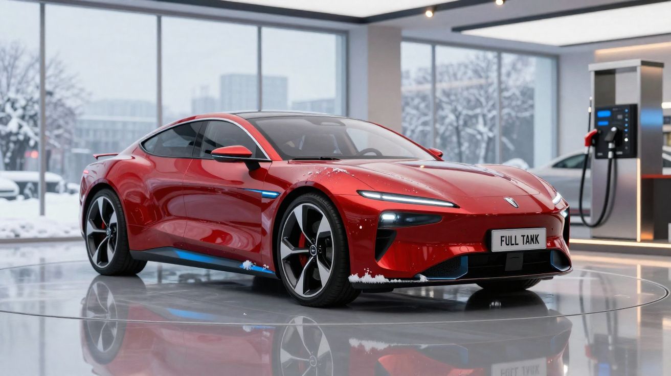 Carro esportivo elétrico vermelho em showroom com neve ao redor e placa frontal escrito Full Tank.