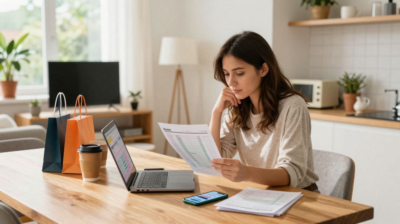 Mulher concentrada analisando planilhas no papel enquanto trabalha com laptop e smartphone em mesa de madeira.