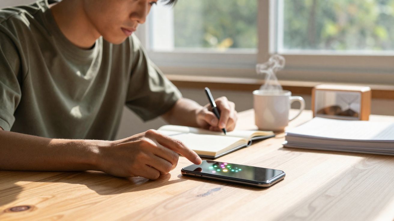 Pessoa usando smartphone e escrevendo em caderno em mesa de madeira com xícara ao fundo