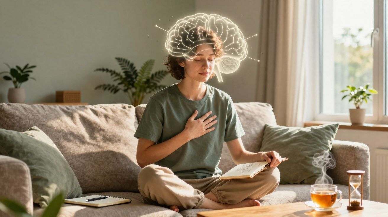 Pessoa meditando sentada no sofá com ilustração do cérebro acima da cabeça, livro aberto e chá na mesa.
