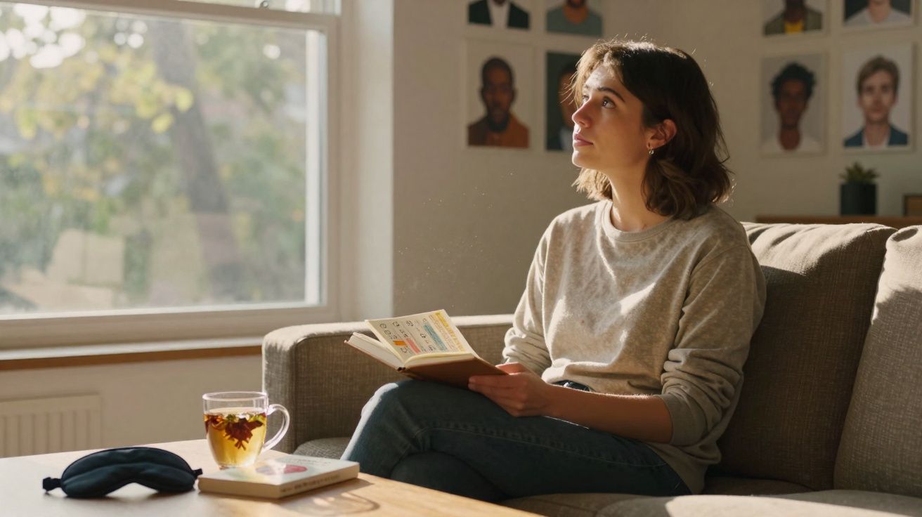 Mulher sentada no sofá lendo livro, olhando pensativa pela janela com luz natural entrando.