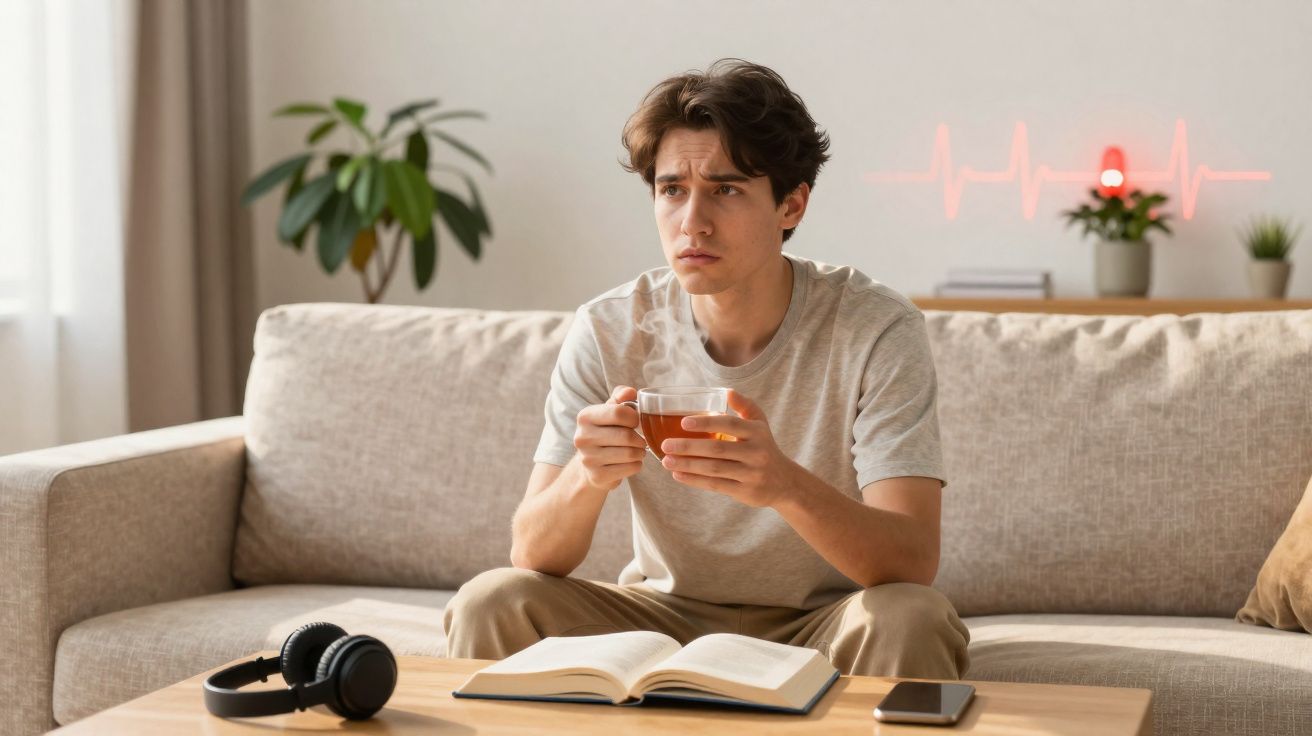 Homem sentado no sofá segurando uma xícara de chá, com livro aberto e fones na mesa à sua frente.