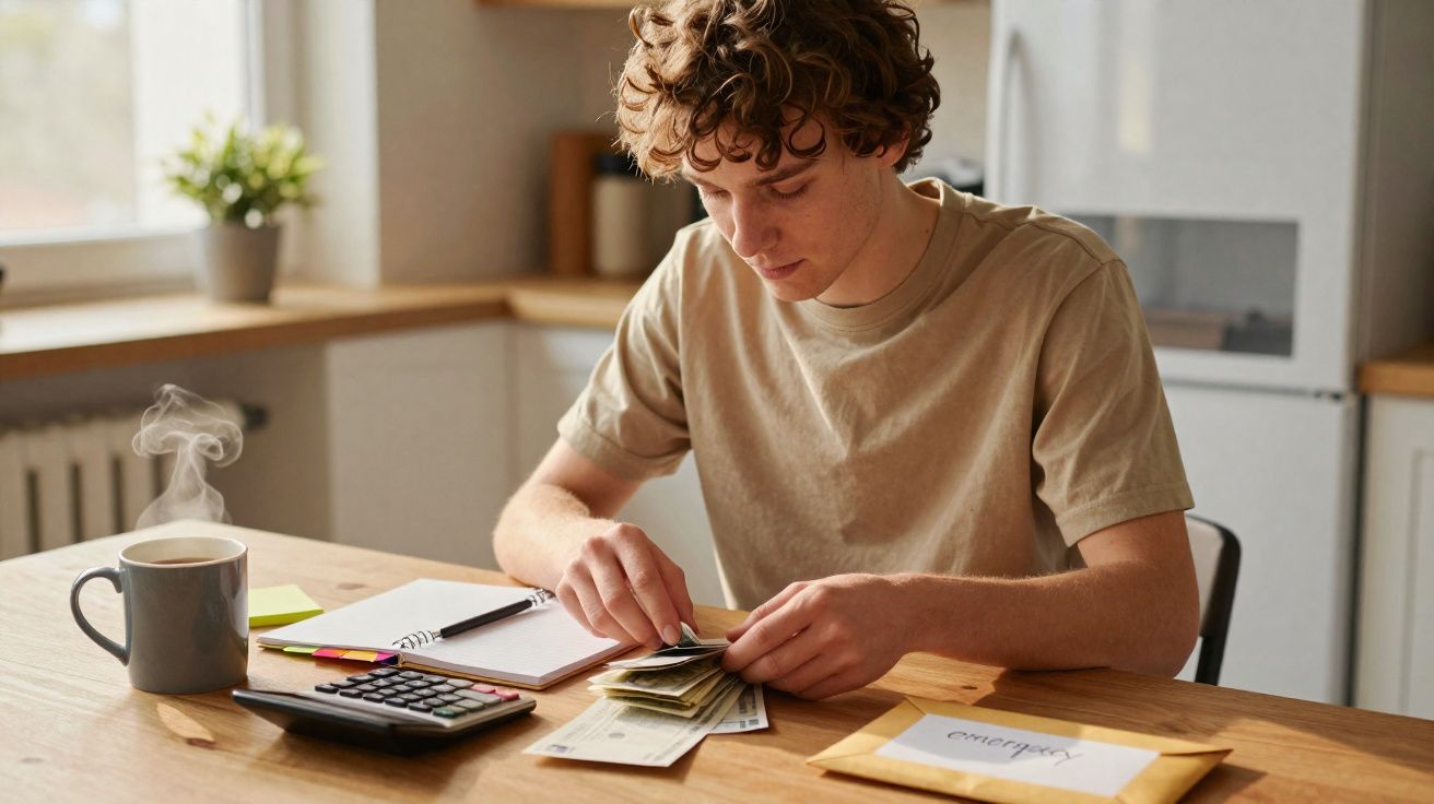 Jovem contando dinheiro em mesa com calculadora, caderno, café e envelope marcado como emergência.