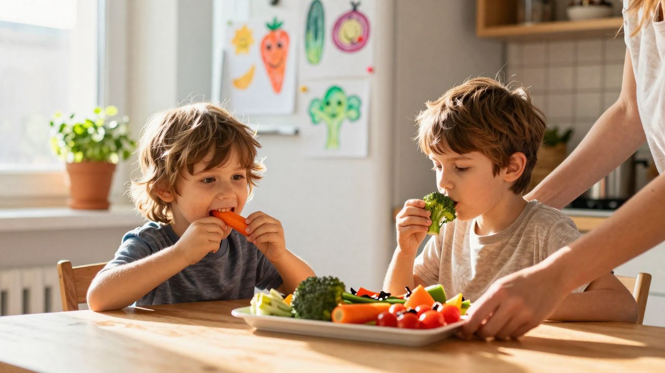 Duas crianças sentadas à mesa comendo vegetais frescos, enquanto um adulto coloca um prato de legumes.