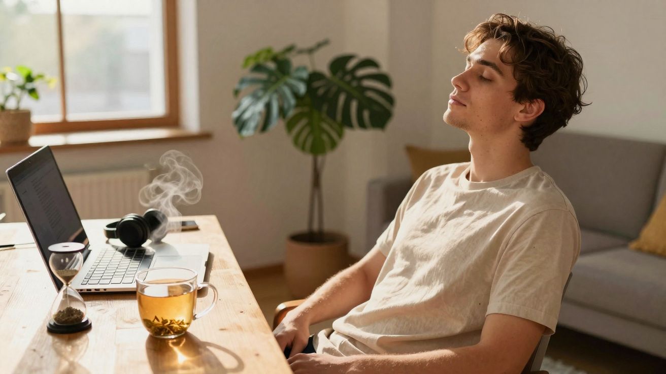 Homem jovem relaxando com olhos fechados sentado à mesa com chá quente e laptop em ambiente iluminado.