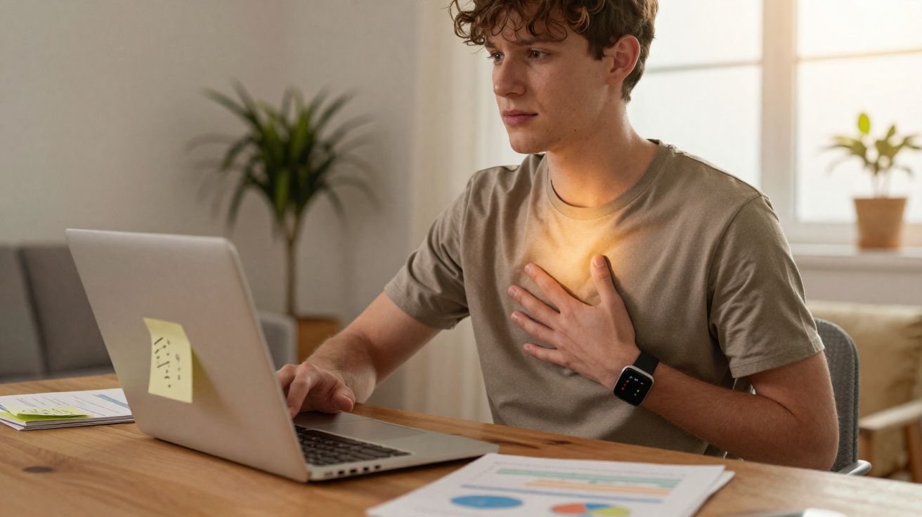 Homem jovem sentado em mesa de trabalho com dor no peito enquanto usa laptop em ambiente iluminado.