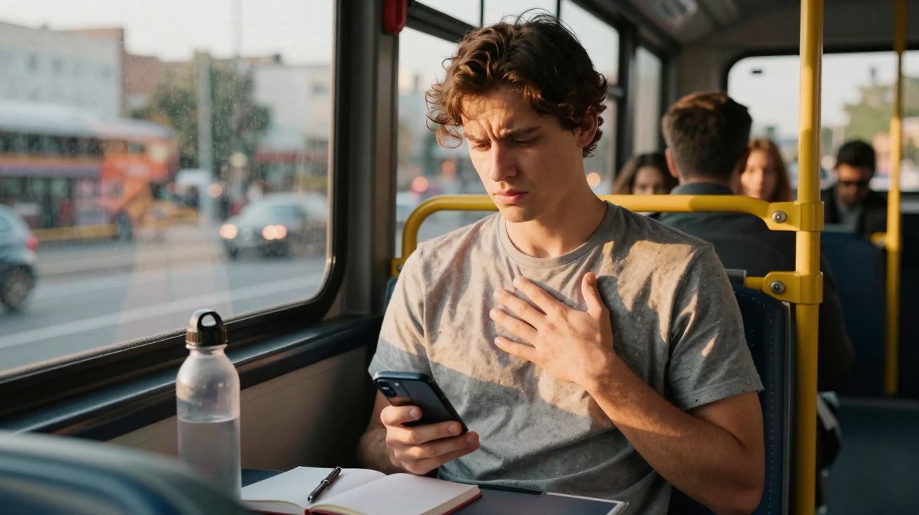 Jovem com expressão preocupada segurando celular e mãos no peito dentro de ônibus durante o dia.