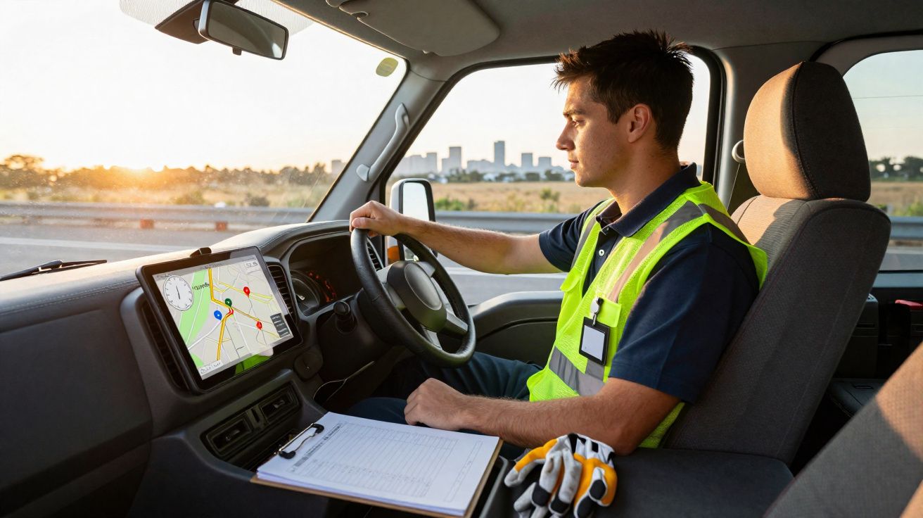 Motorista de trabalho usando colete refletivo dirige caminhão com GPS e lista de tarefas ao lado.