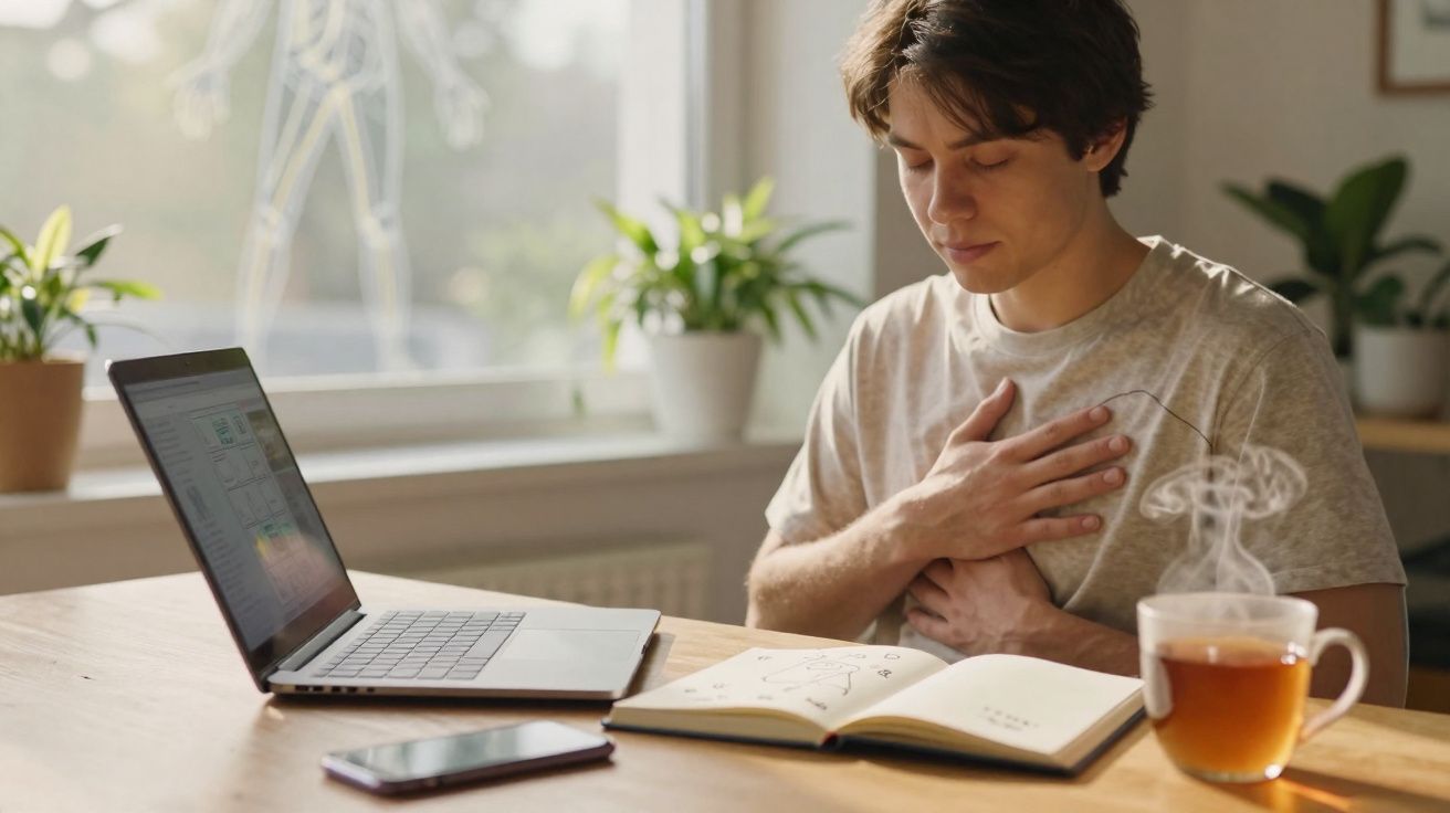 Jovem sentado em mesa com laptop, livro aberto e xícara de chá, segurando o peito com expressão de desconforto.