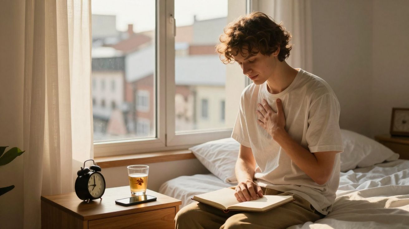 Jovem sentado na cama lendo um livro em quarto iluminado, com copo de chá e relógio ao lado.