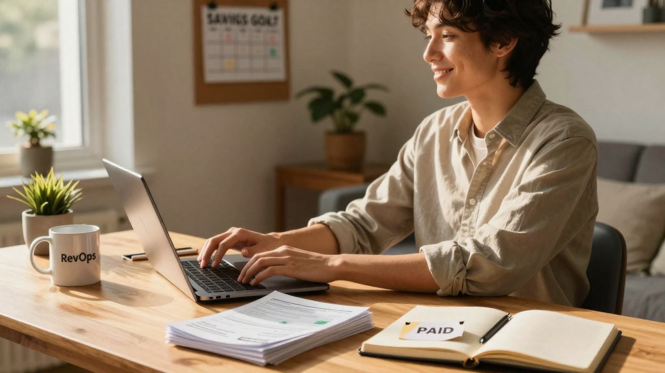 Pessoa sorridente trabalhando em laptop em mesa com documentos, caderno e caneca em ambiente iluminado.