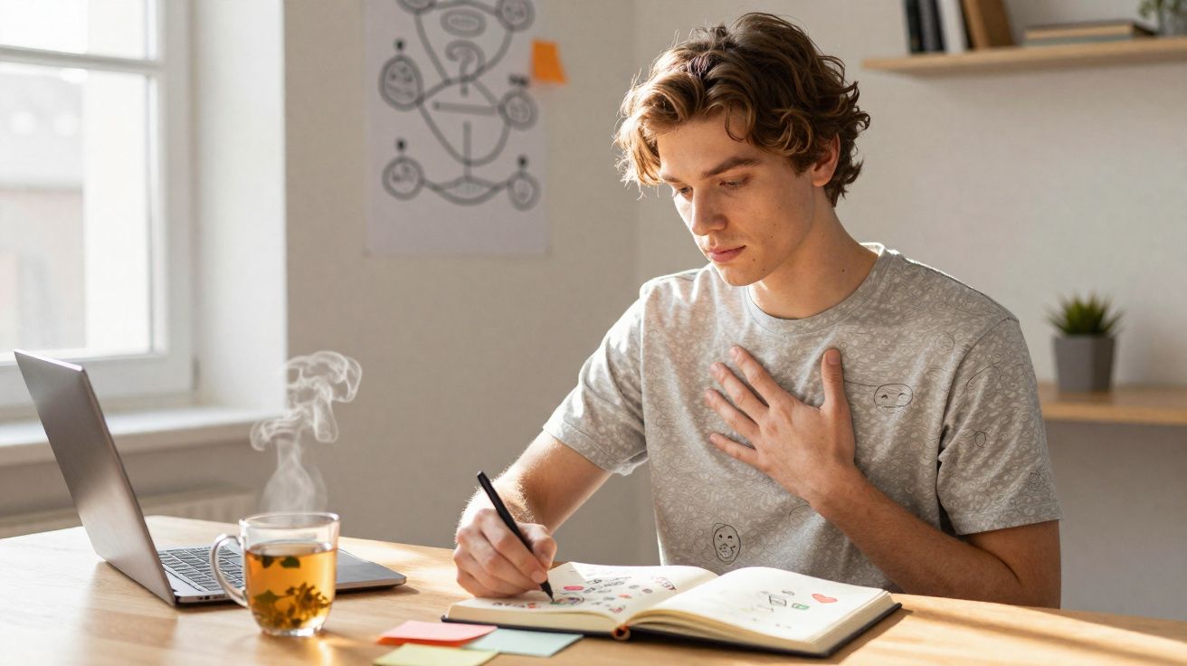 Jovem concentrado escrevendo em caderno com laptop e chá quente à frente em ambiente claro e organizado.