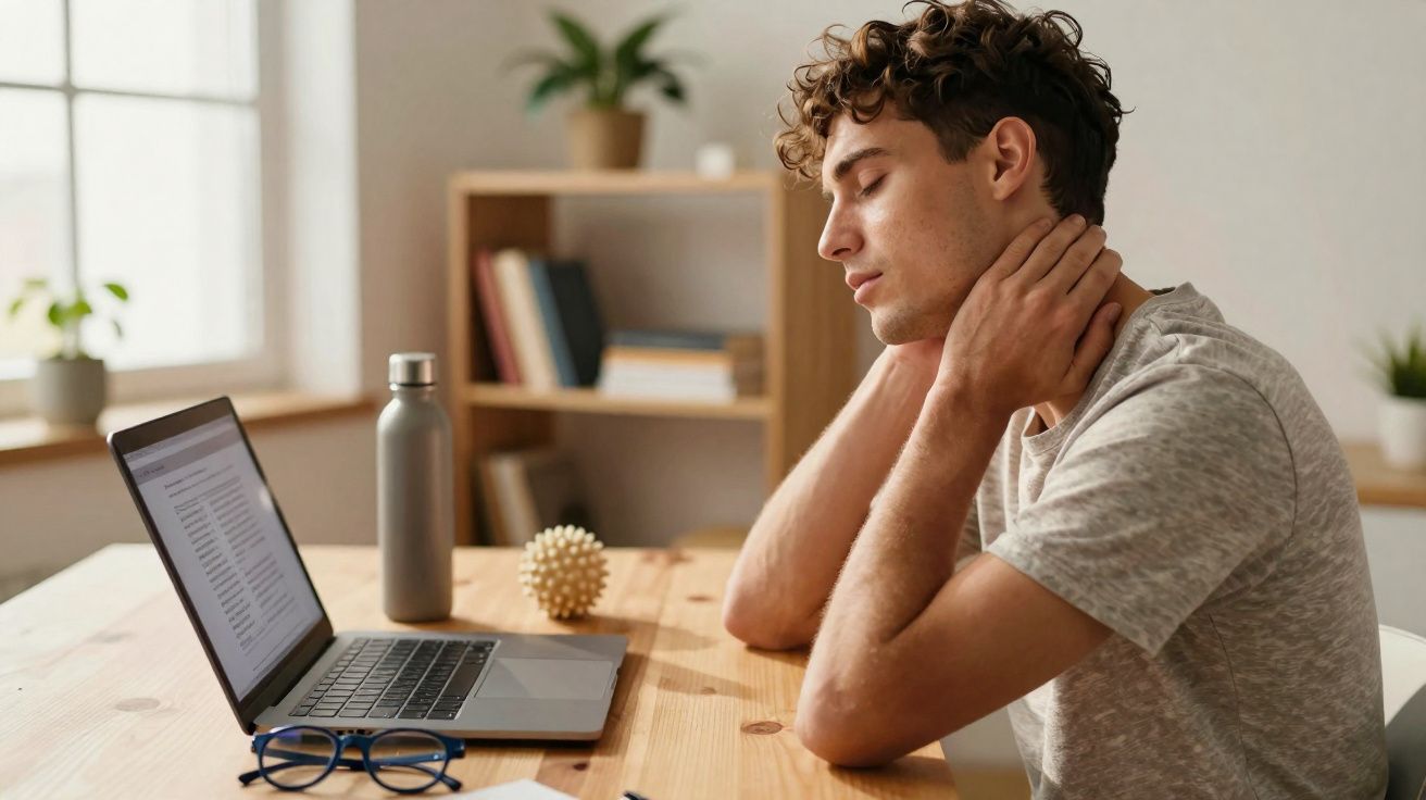 Jovem sentado à mesa com laptop, massageando o pescoço, aparentando cansaço ou tensão.