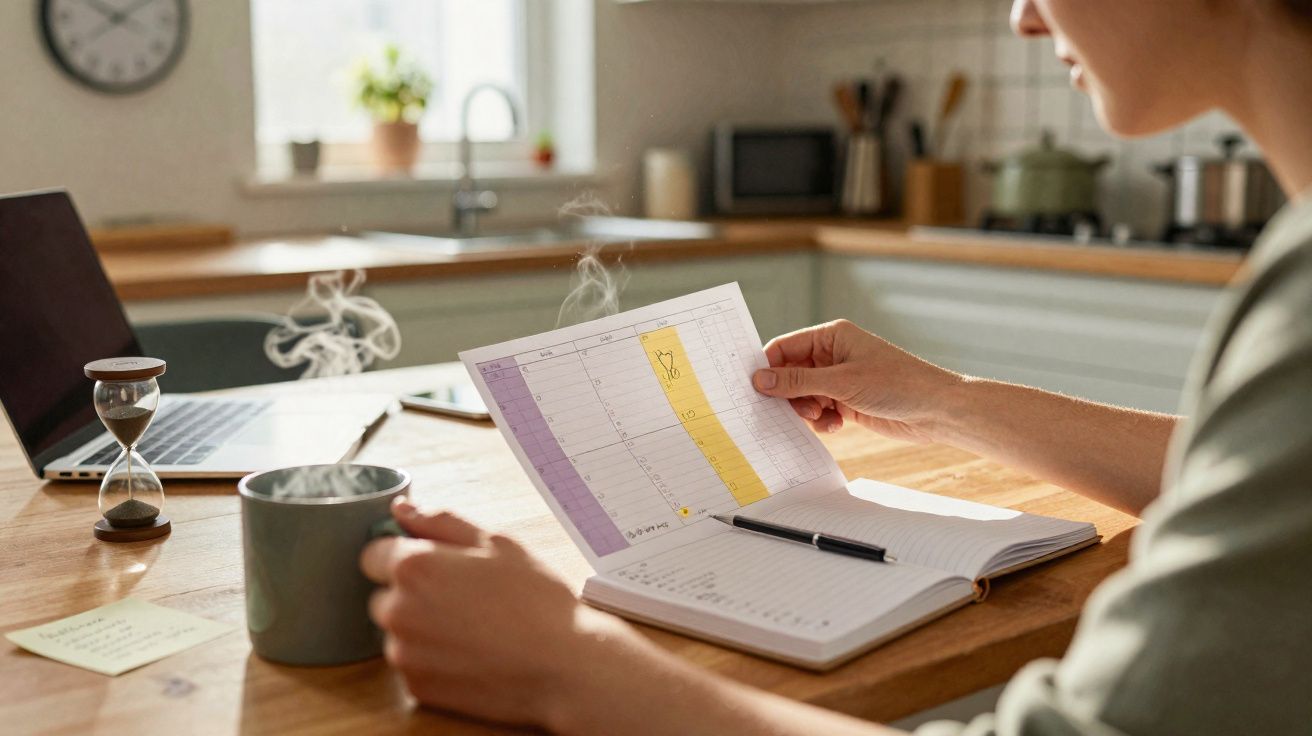 Pessoa segurando um calendário semanal e uma xícara de café fumegante em uma mesa de madeira na cozinha.