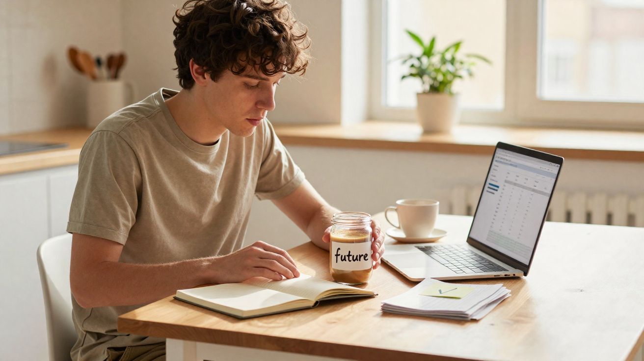 Jovem sentado à mesa com laptop, caderno aberto e pote com líquido rotulado "future" em ambiente iluminado.