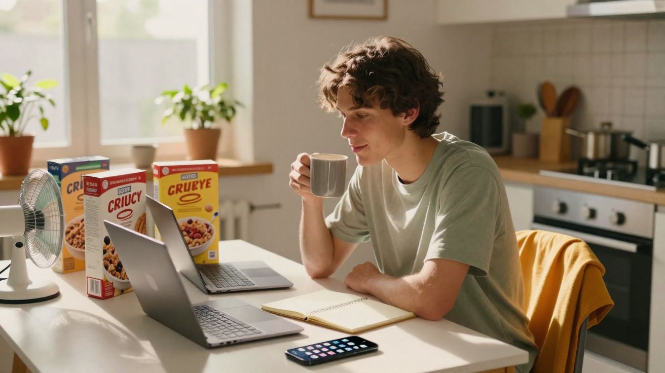 Jovem sentado à mesa na cozinha, tomando café e usando laptop com cereal e celular ao lado.
