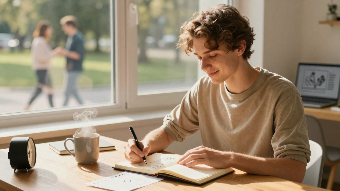 Jovem sentado à mesa escrevendo em um caderno com caneca fumegante e relógio ao lado, sol entrando pela janela.