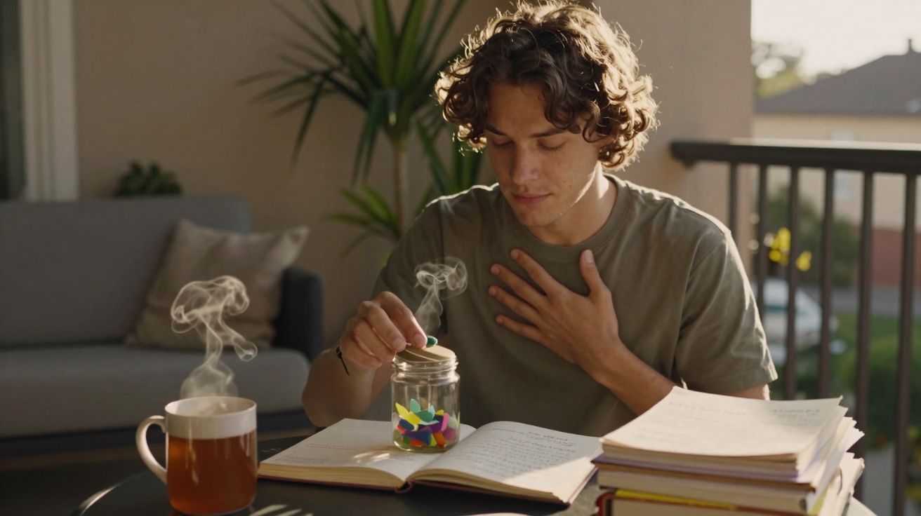Jovem sentado à mesa com livros e xícara fumegante, retirando um objeto colorido de um pote de vidro.